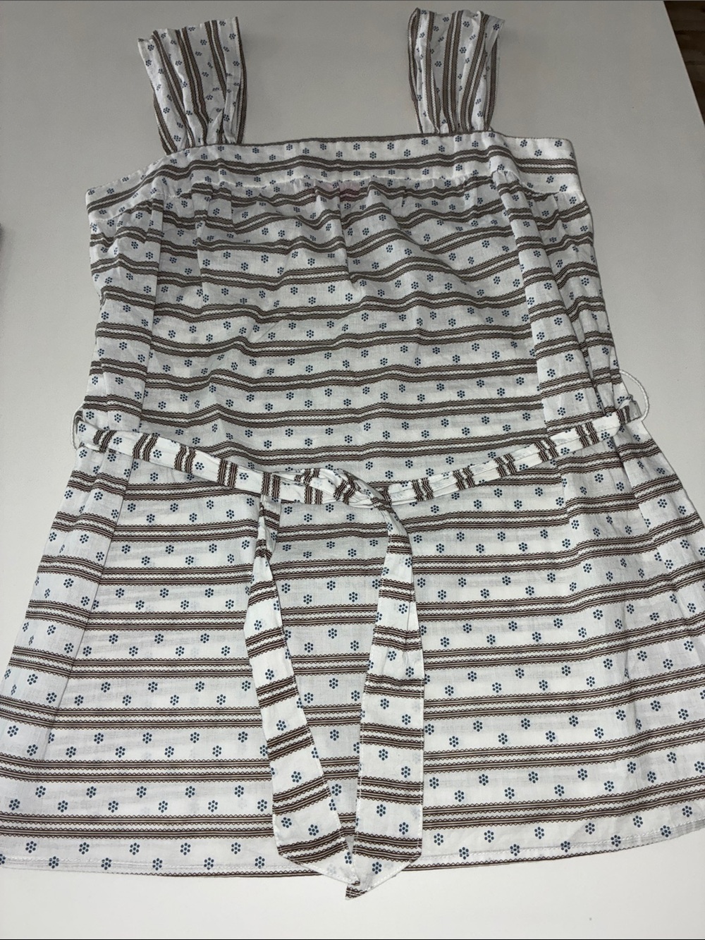 BCBGIRLS NWOT Women’s Striped Belted Sleeveless Tank. White with Brown/Blue Sz S